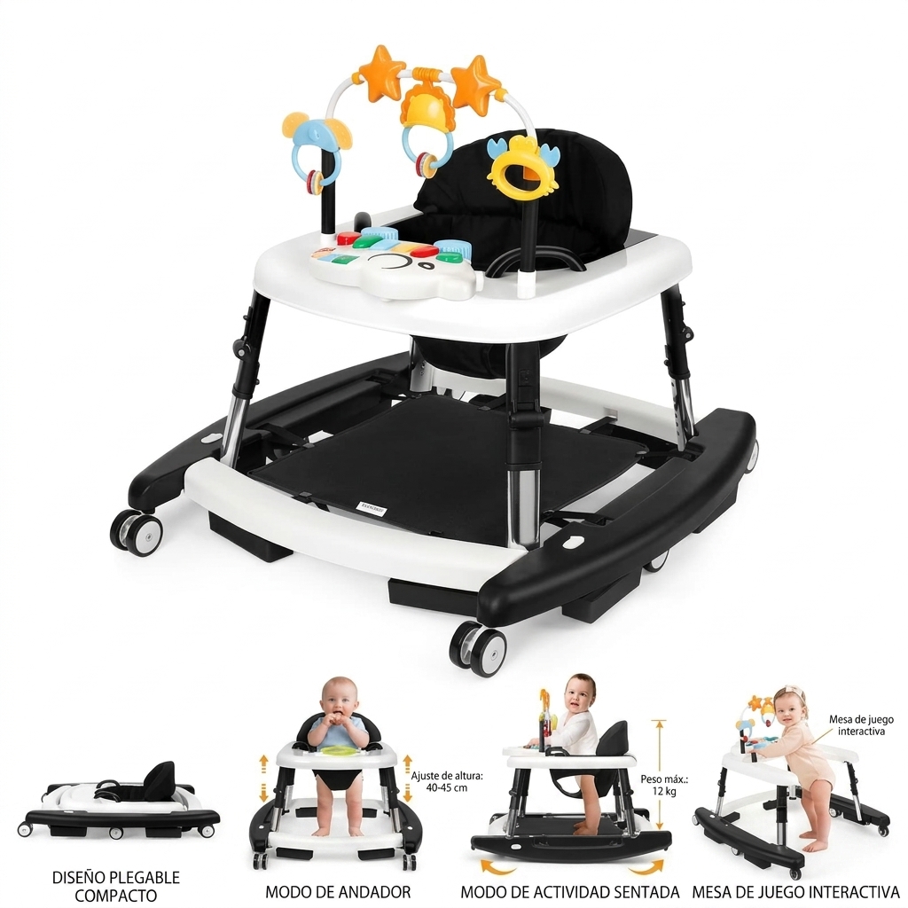 Andador unisex de plástico para bebés de 6 a 18 meses, andador plegable 5 en 1 con certificación de seguridad, 5 alturas ajustables, hamaca, música, bandeja de alimentación, reposapiés extraíble, andador inteligente portátil para niños y niñas.