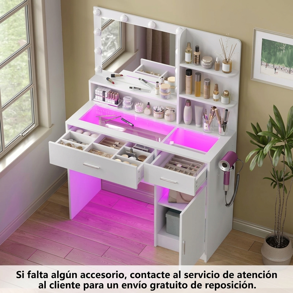 Tocador multifuncional con espejo, 3 modos de iluminación, 10 luces LED alimentadas por USB, tocador de 40 pulgadas, superficie de vidrio y toma de corriente, 36 modos de iluminación, cajones RGB ajustables, cómoda blanca para dormitorios de mujeres/niñas