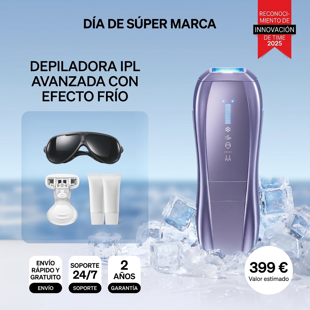 Depiladora IPL para Mujer y Hombre, Luz Pulsada para Depilación en Casa, Enfriamiento por Hielo, Sensor de Piel, 2 Luces, Modo SHR y Cuidado de la Piel