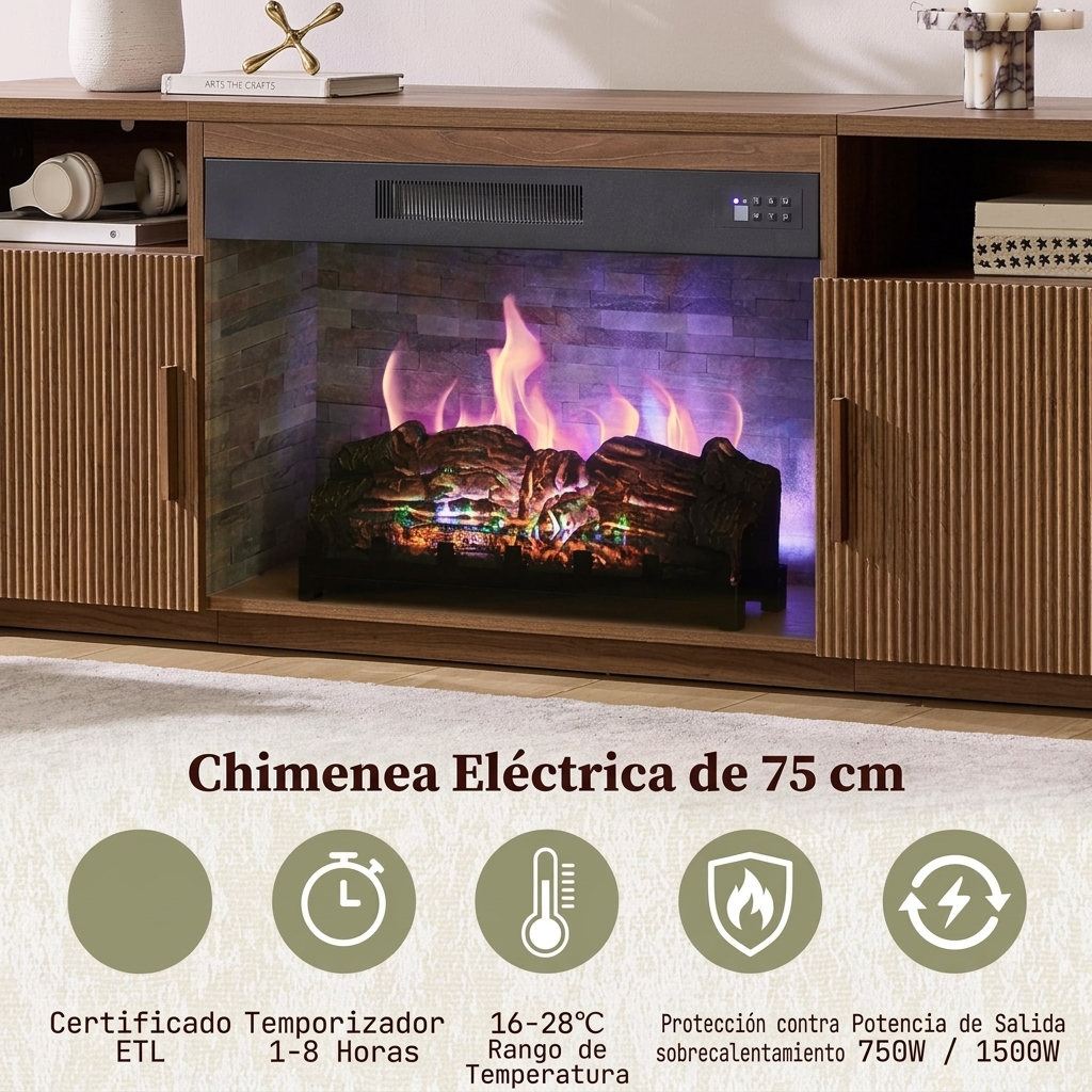Mueble TV de 178 cm con Chimenea Eléctrica de 30", Diseño de Madera Estriada, Puertas y Armarios de Almacenamiento, para TV de hasta 80", Ideal para Salón