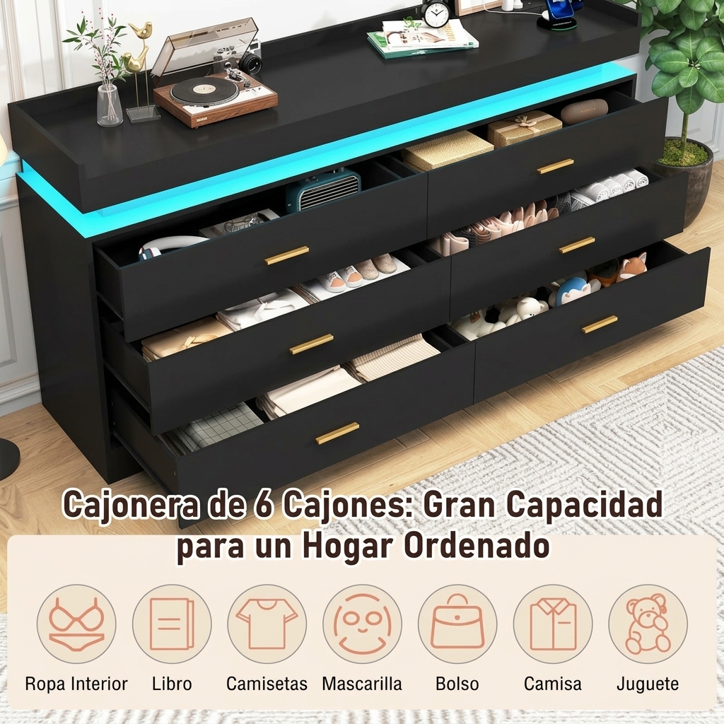 Cómoda con luz LED y estación de carga, cómoda moderna para armario, mueble organizador de cajones anchos para dormitorio, sala de estar, entrada y pasillo.