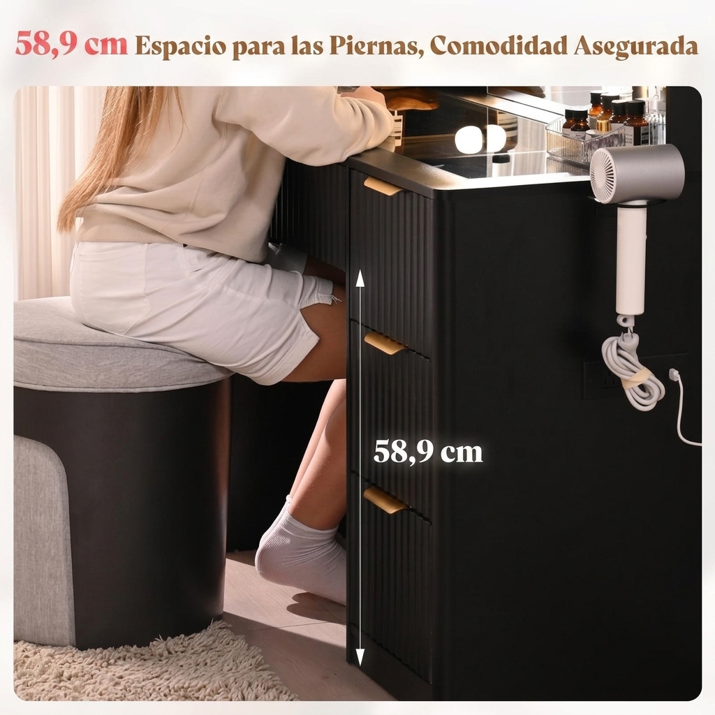 Tocador a rayas (con espejo y luz LED ajustable), con superficie de cristal y estación de carga, y un espacioso diseño de 4/7 cajones, perfecto para mujeres y niñas, adecuado para dormitorios o habitaciones de residencia estudiantil: un gran regalo/regalo
