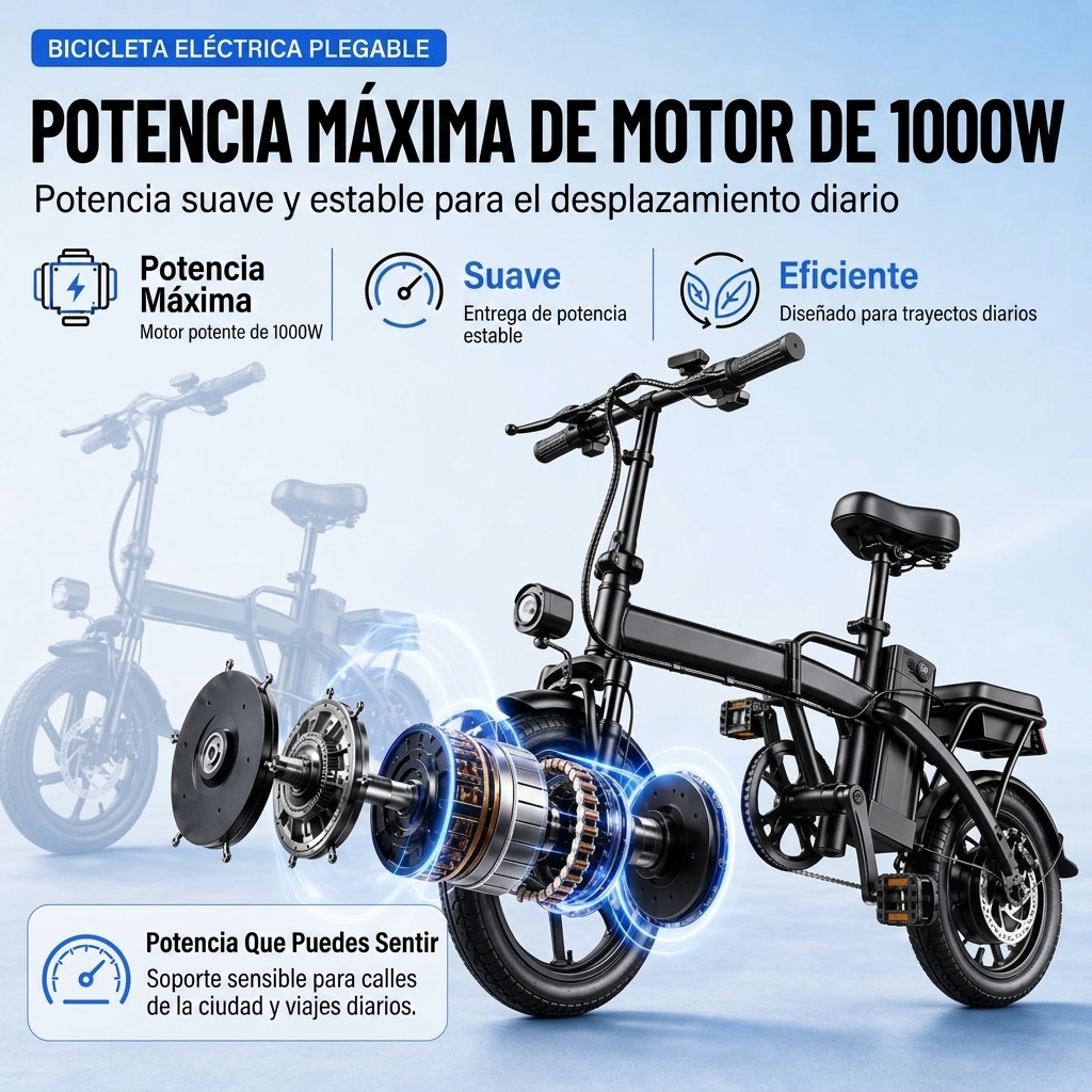 Bicicleta eléctrica plegable para adultos: bicicleta eléctrica compacta para desplazamientos urbanos con una potencia máxima de 1000 W y una autonomía de 35 a 50 km, 3 modos de conducción para facilitar los desplazamientos diarios y la circulación por las