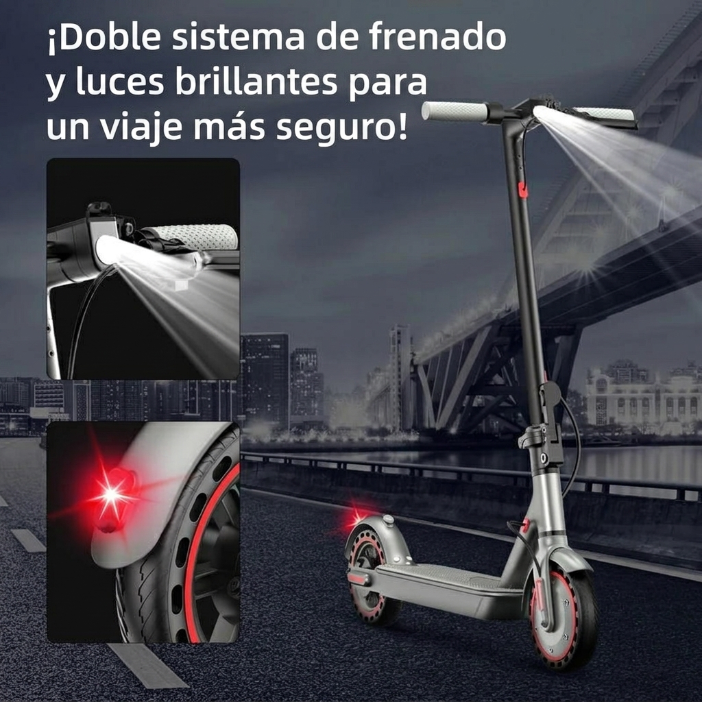 Patinete eléctrico: equipado con un motor de 350 W, una velocidad máxima de 25 km/h, una autonomía de 25 km, neumáticos macizos de nido de abeja de 8,5 pulgadas, un sistema de doble frenado y control mediante aplicación inteligente; diseño de cuadro de al