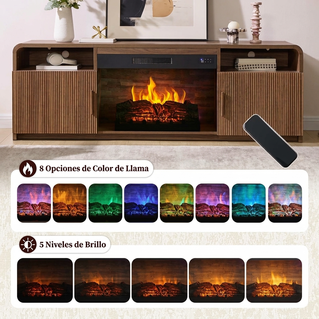 Mueble TV de 178 cm con Chimenea Eléctrica de 30", Diseño de Madera Estriada, Puertas y Armarios de Almacenamiento, para TV de hasta 80", Ideal para Salón