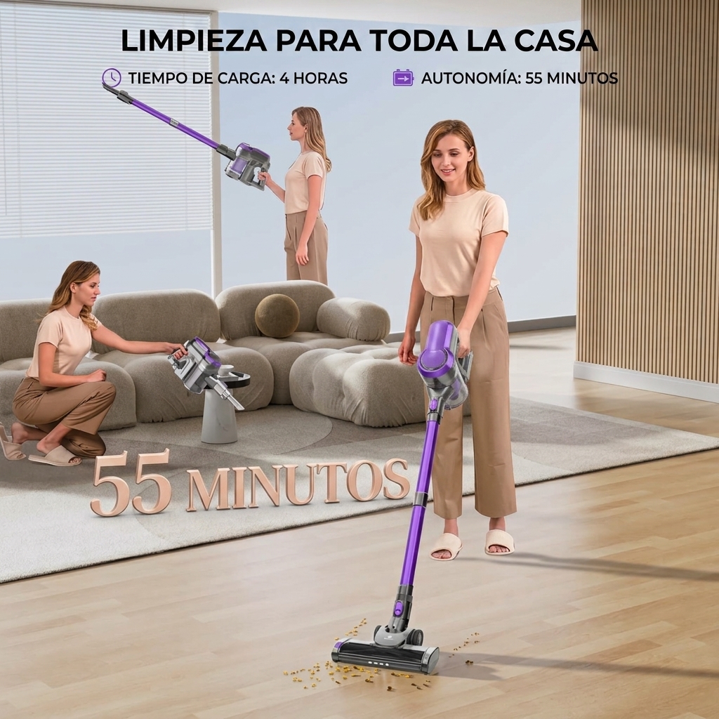 Aspiradora inalámbrica 6 en 1, potente succión, hasta 55 minutos de autonomía, equipada con pantalla inteligente y cabezal de cepillo antienredos.