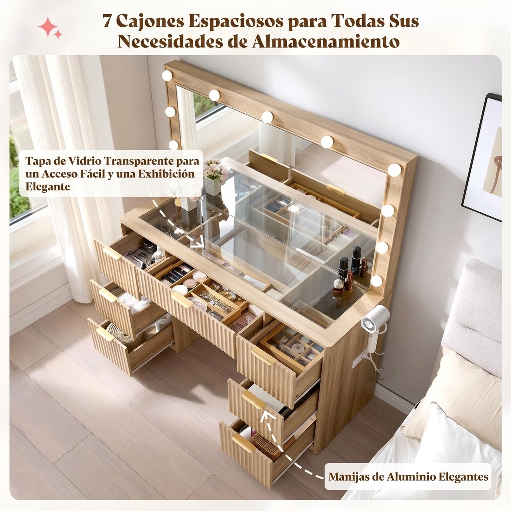 Tocador a rayas (con espejo y luz LED ajustable), con superficie de cristal y estación de carga, y un espacioso diseño de 4/7 cajones, perfecto para mujeres y niñas, adecuado para dormitorios o habitaciones de residencia estudiantil: un gran regalo/regalo