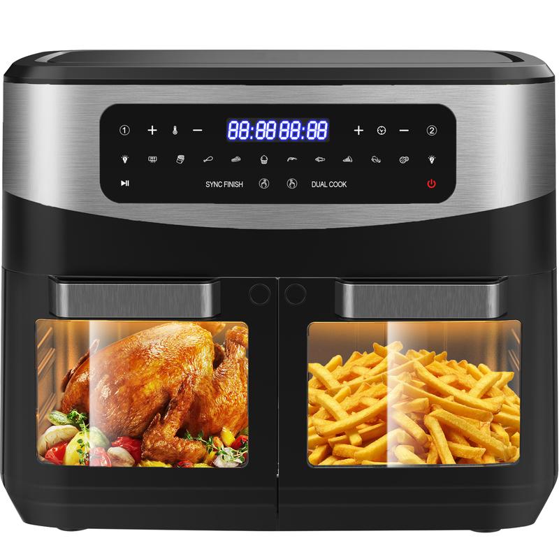 Freidora de aire XXL 12L con doble zona – 2600W Airfryer | Divisor extraíble y ventana de visualización | 10 programas automáticos con pantalla táctil LED | BBQ saludable sin aceite – Negro