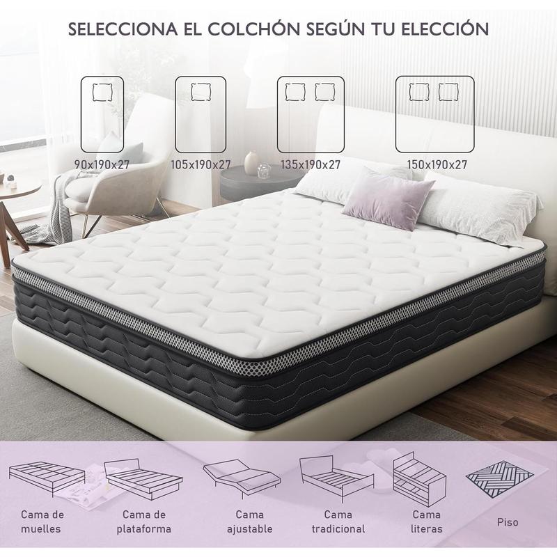Colchón Híbrido de Muelles y Espuma Viscoelástica, Transpirable, Antibacteriano, Hipoalergénico, Absorbente de Humedad, 135x190x27 cm, 90x190cm, 105x190cm, 150x190cm, al. 27 cm