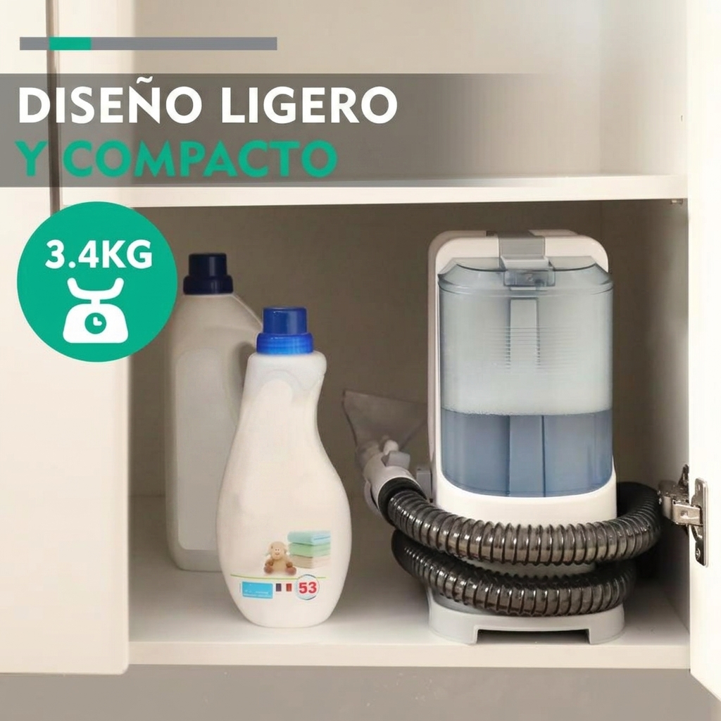 Limpiador de alfombras de 400 W, equipado con depósitos de agua dobles de 1,1 L + 0,5 L, manguera de 1,2 metros, nivel de ruido de 85 dB, 2 boquillas (aptas para coches, cojines, cortinas y mascotas) y accesorios completos.