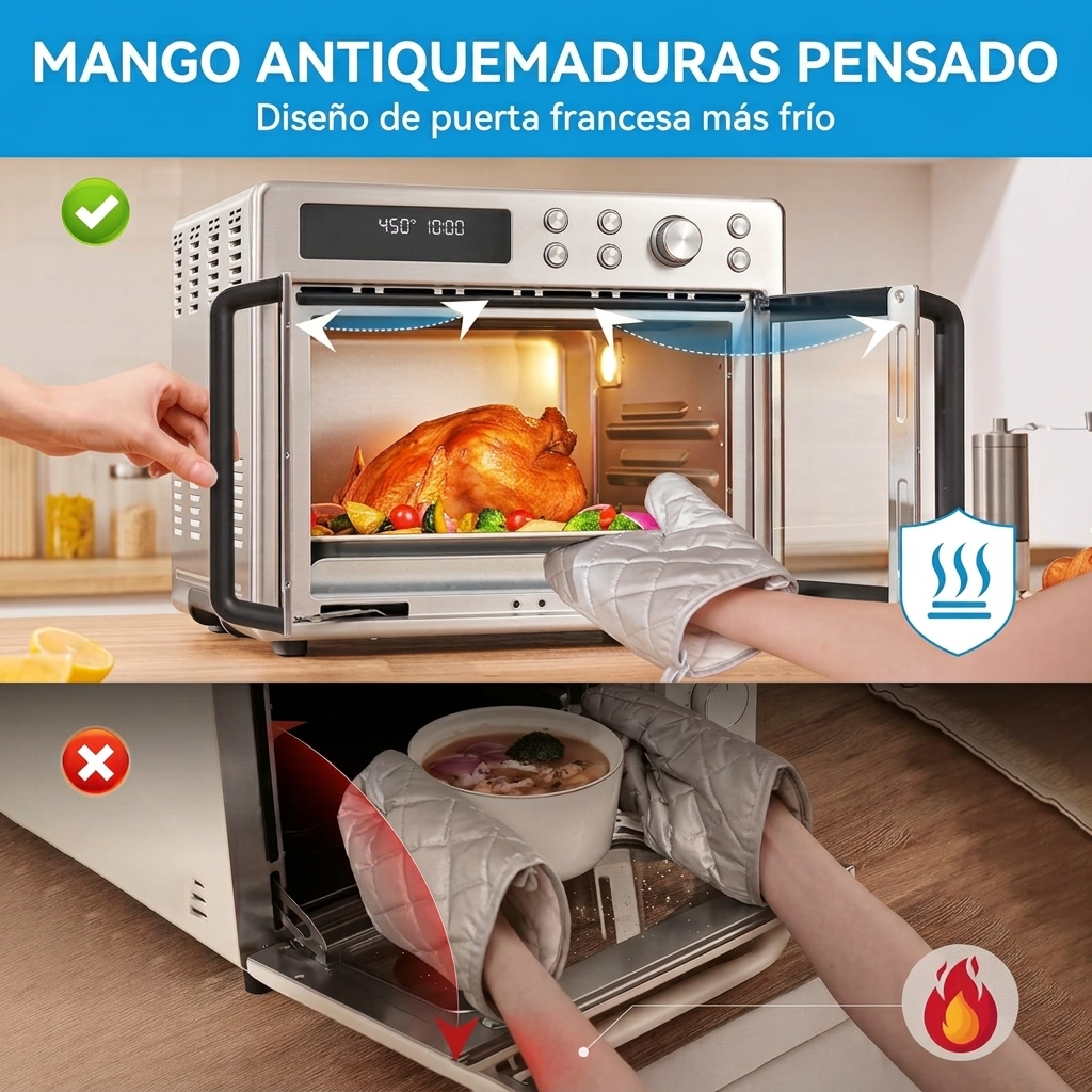 [Consejos de cocina 2026] Freidora de aire y horno combinados de doble puerta estilo francés, capacidad súper grande de 26,4 cuartos, freidora de aire y horno de encimera multifuncional 10 en 1, velocidad de cocción aumentada en un 25%, consumo de aceite 