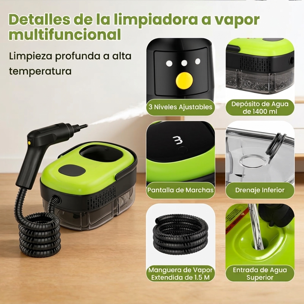 Limpiador a vapor para el hogar y el automóvil, 1500 W de potencia, 3 velocidades ajustables, gran capacidad de 1,4 L, calentamiento rápido, limpiador a vapor portátil, incluye 15 accesorios, se puede utilizar para limpiar automóviles, pisos, baños, venta