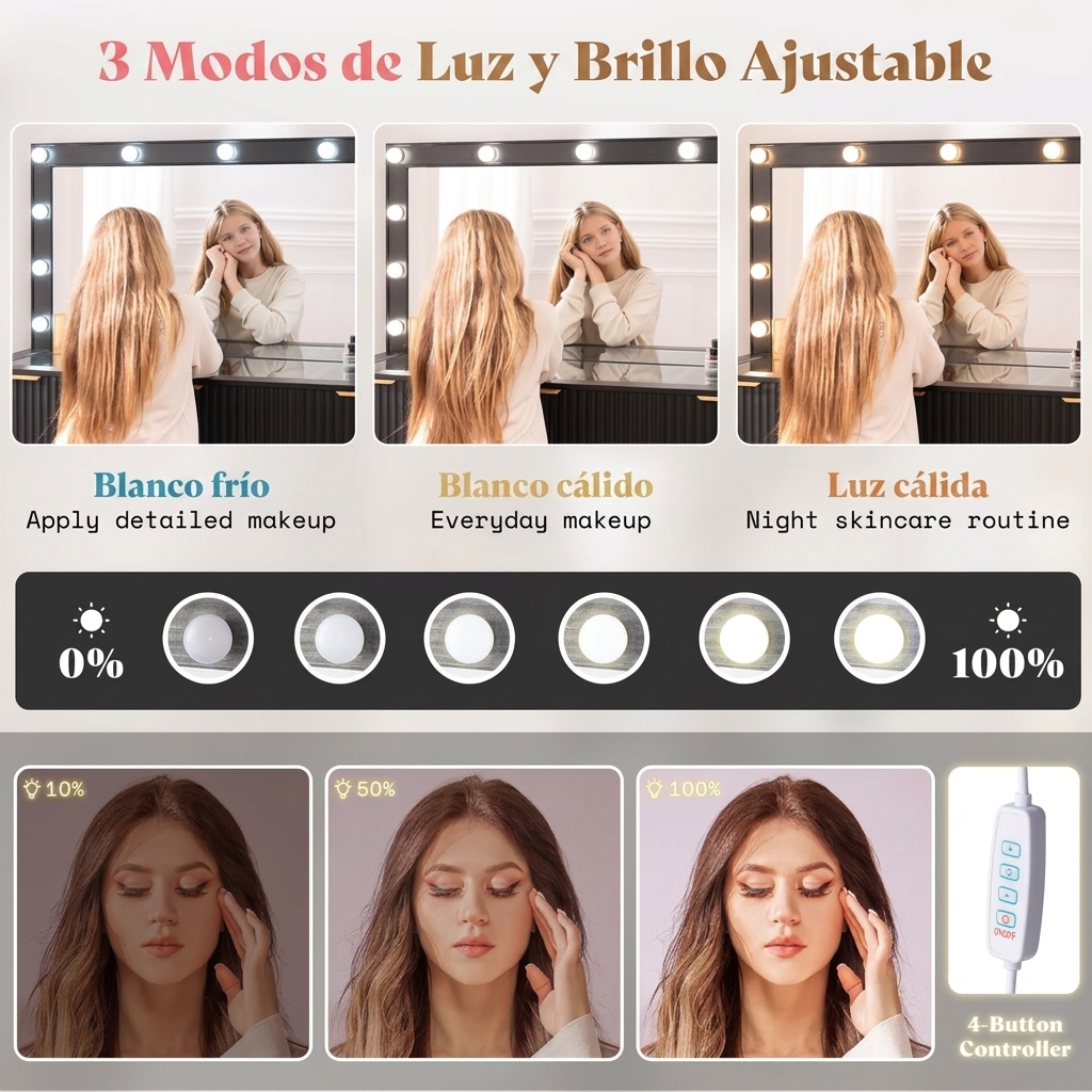 Tocador a rayas (con espejo y luz LED ajustable), con superficie de cristal y estación de carga, y un espacioso diseño de 4/7 cajones, perfecto para mujeres y niñas, adecuado para dormitorios o habitaciones de residencia estudiantil: un gran regalo/regalo