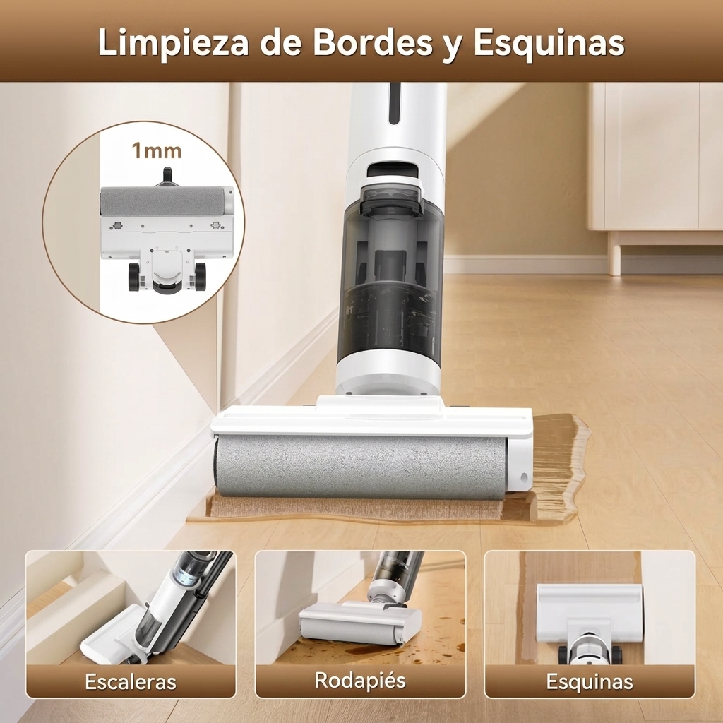 Limpiador de suelos inteligente para uso en seco y húmedo: diseño inalámbrico, permite la limpieza de bordes de 1 mm, equipado con un sistema antienredos; cuerpo ligero, adecuado para suelos duros y para limpiar el pelo de las mascotas.