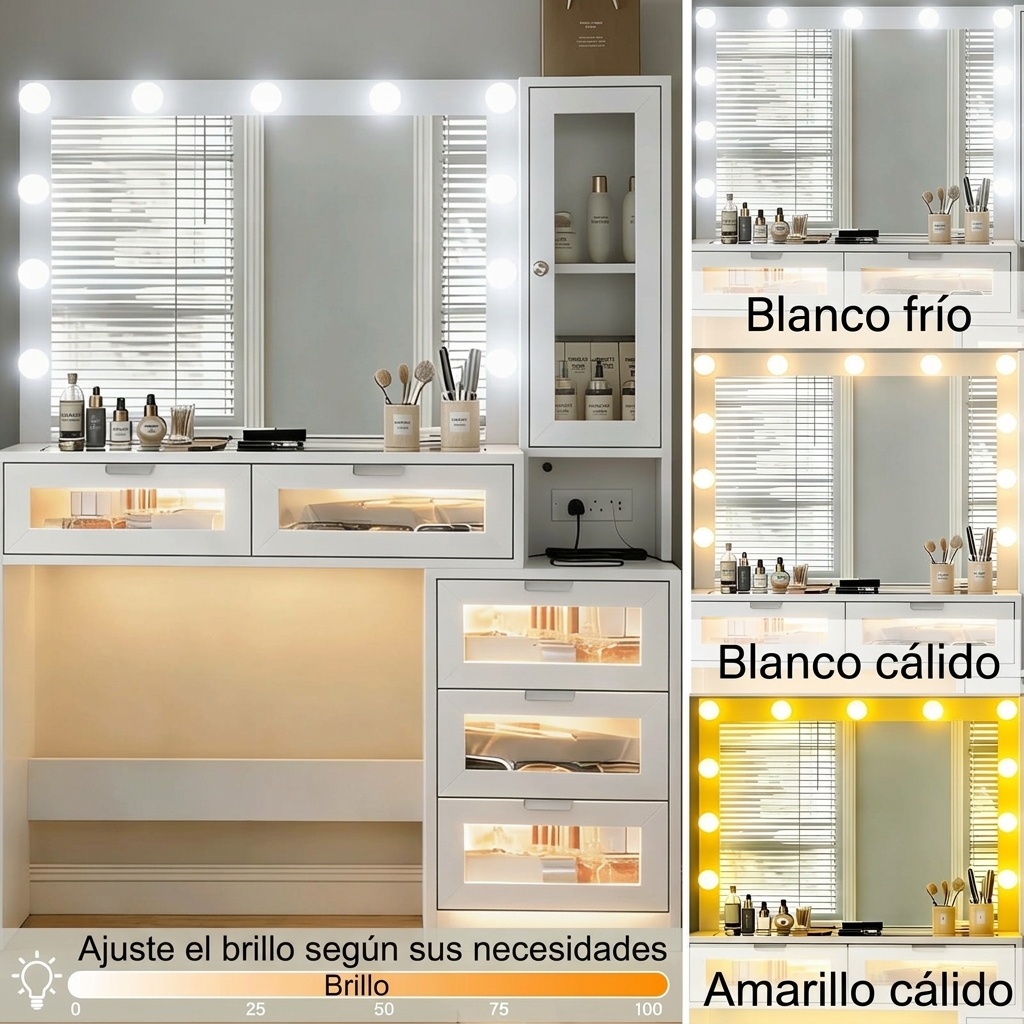 Tocador de maquillaje para dormitorio: retroiluminación LED, diseño con acentos LED, superficie de vidrio templado, armario lateral, tomas de corriente para herramientas de peinado, cajón con iluminación, espacio de almacenamiento; requiere montaje.