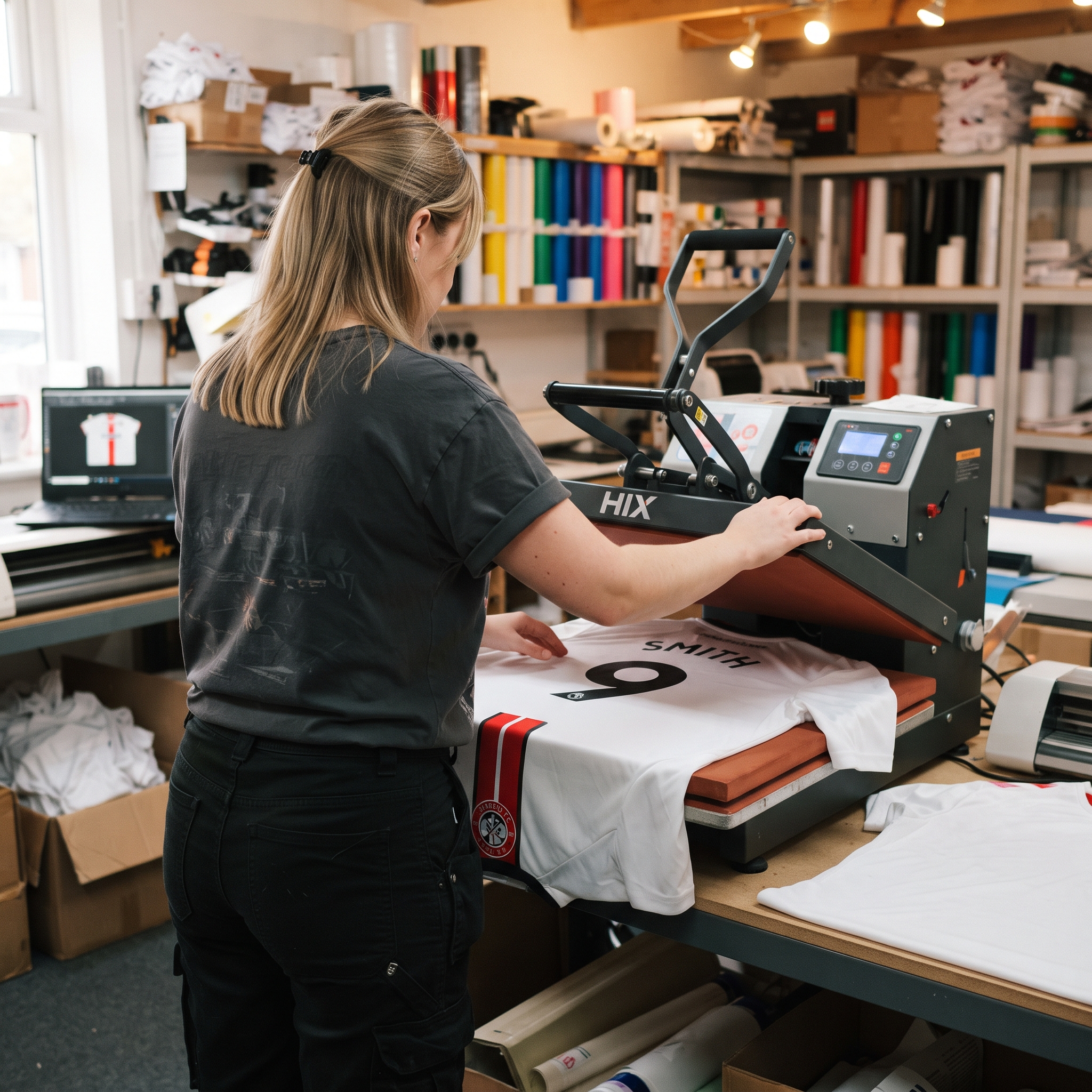 Professional customization of a white football jersey with number 9 SMITH using a heat press machine in the JerseyZone Pro workshop.