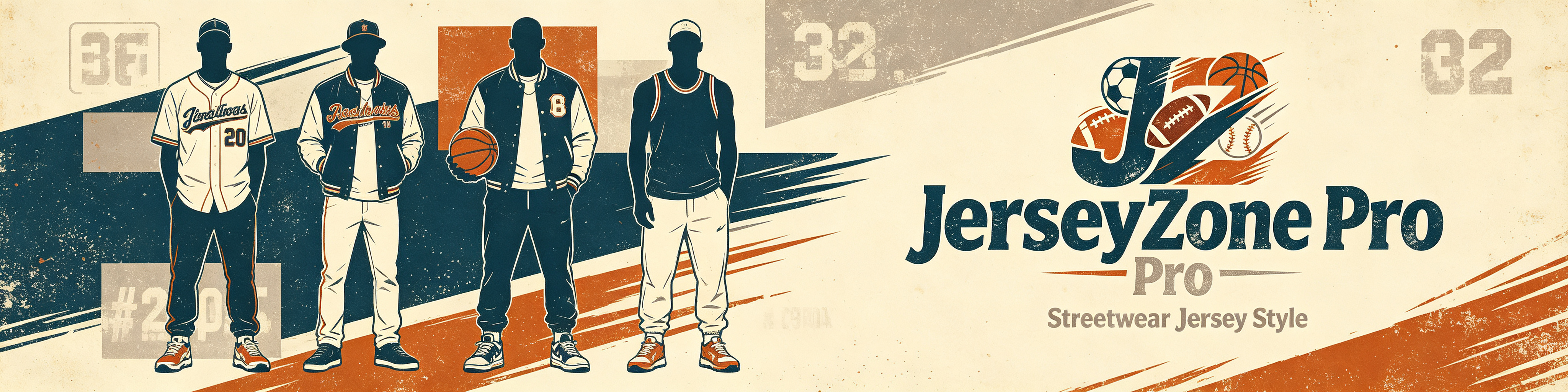 JerseyZone Pro retro streetwear jersey banner, men styled outfits with baseball, varsity and basketball jerseys
