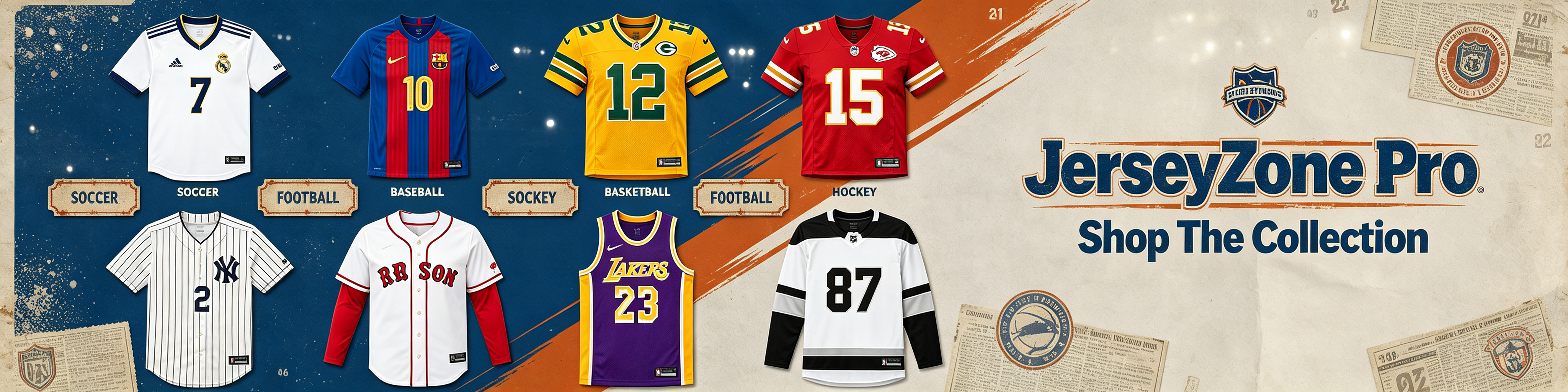 JerseyZone Pro authentic sports jersey flat lay banner, soccer football basketball baseball ice hockey popular team jerseys