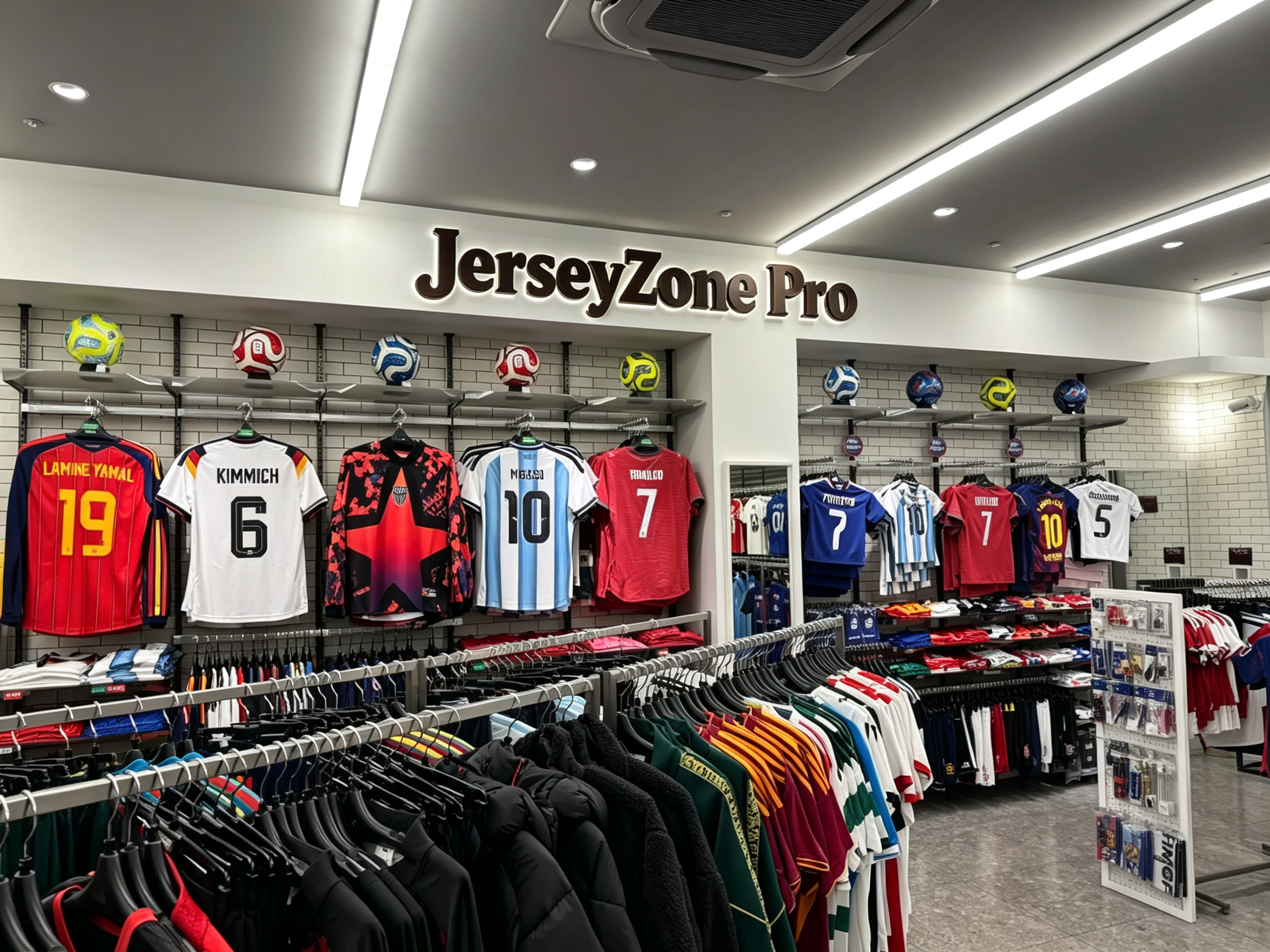 JerseyZone Pro sports jersey retail store interior, full wall of football soccer jerseys, national team kits, soccer balls on display racks