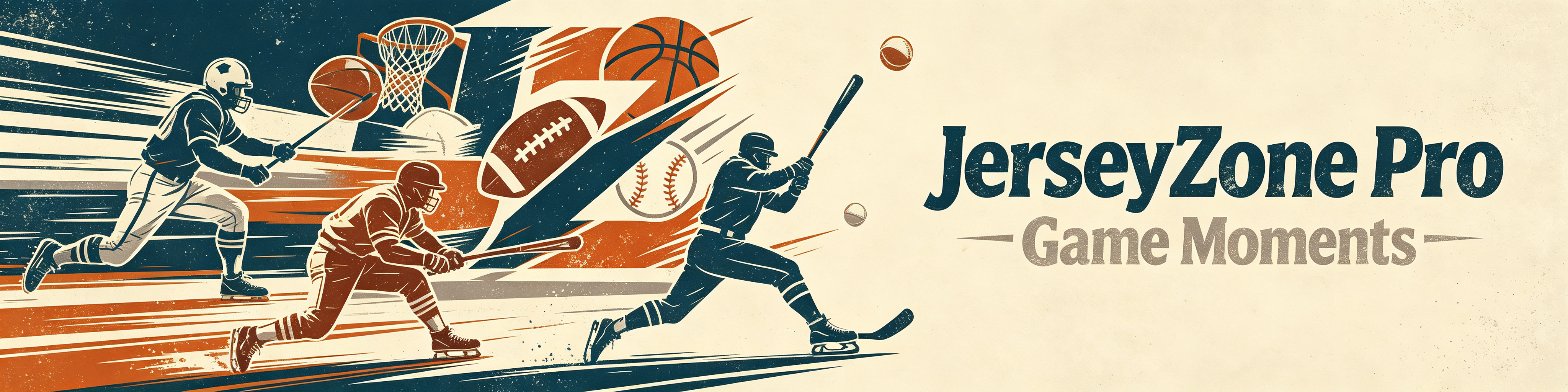 JerseyZone Pro Live The Game vintage sports banner, soccer football basketball baseball ice hockey player silhouettes