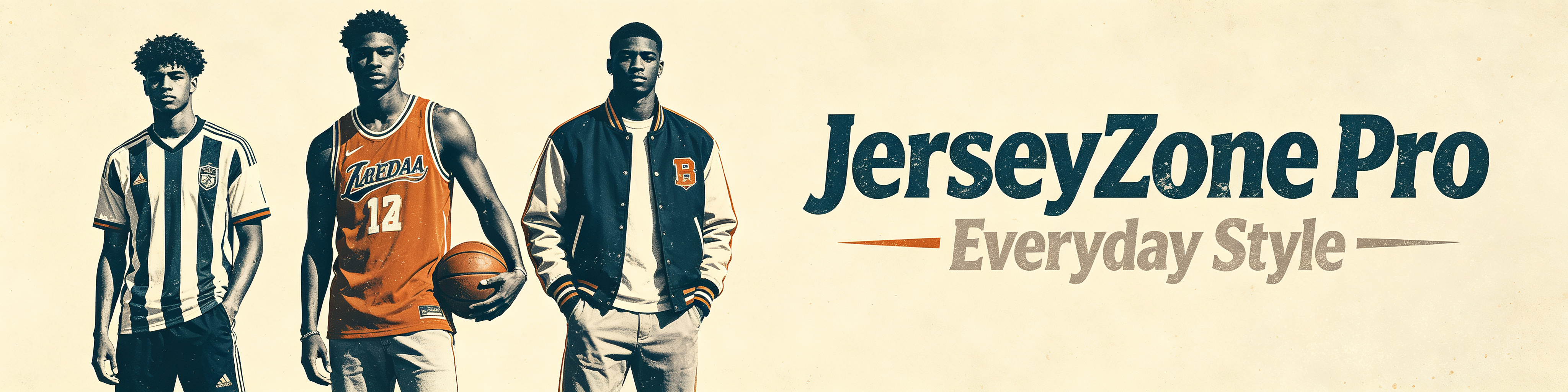 JerseyZone Pro everyday style banner, male models in soccer, basketball and varsity jacket outfits, vintage retro grunge