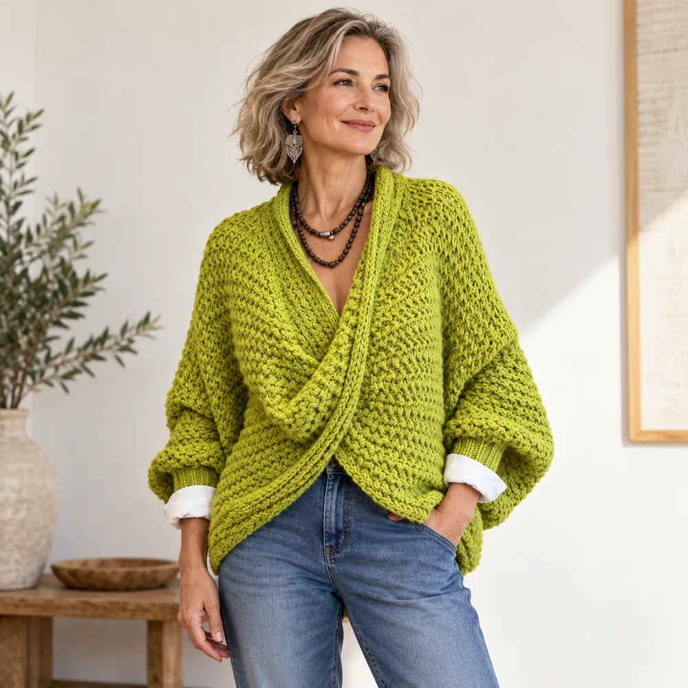 Women's Cable-Knit Twist-Front V-Neck Batwing Sweater main model view