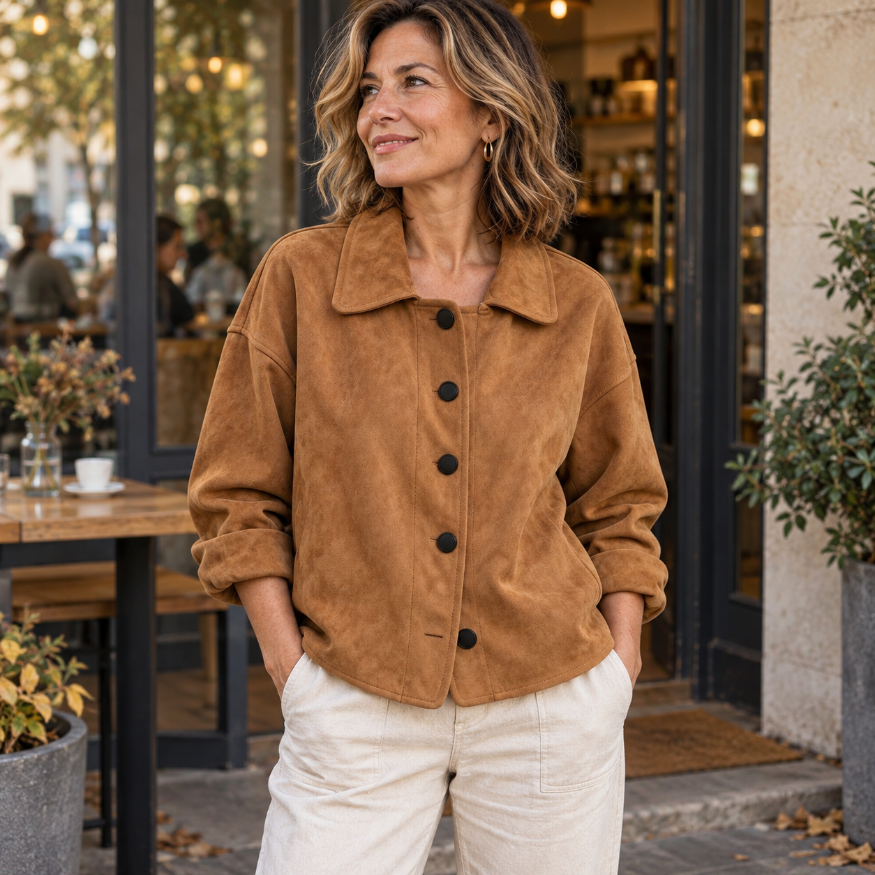 Mature woman wearing the light brown suede-look lapel button jacket