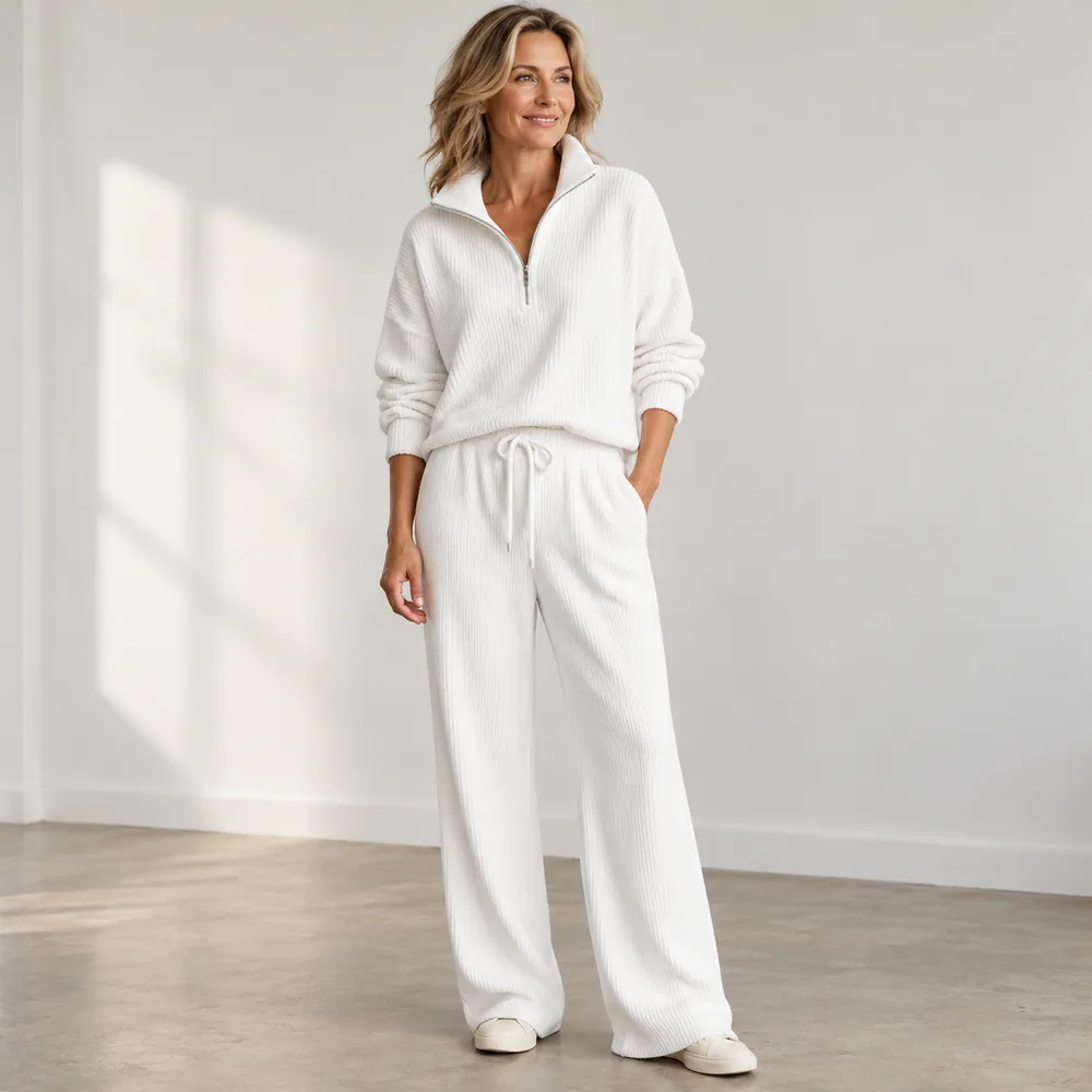 Women's Ribbed Half-Zip Pullover & Wide-Leg Pants Set main model view