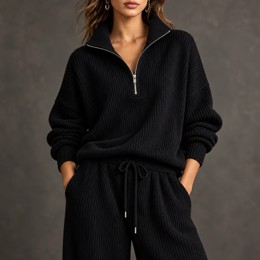Women's Ribbed Half-Zip Pullover & Wide-Leg Pants Set material and construction close view