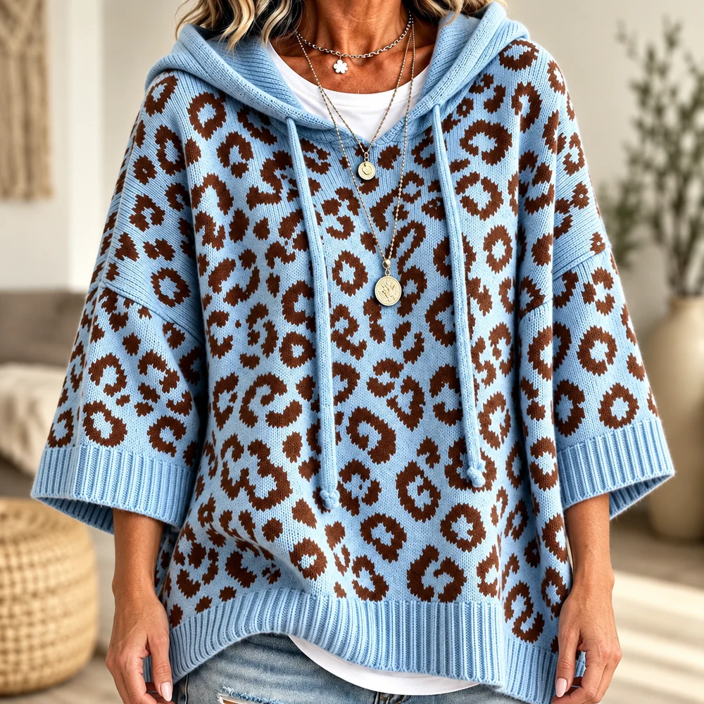 Women's Oversized Leopard-Print Hooded Knit Pullover material and construction close view with complete natural arms