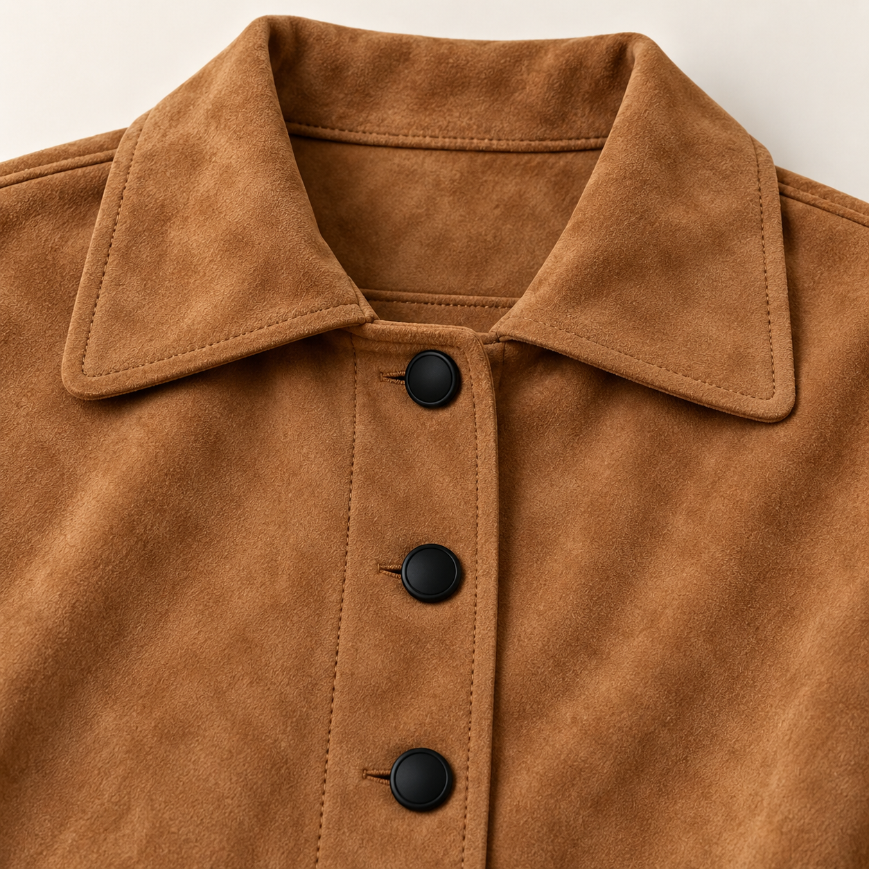 Close view of the suede-look surface, lapel, stitching and matte black buttons