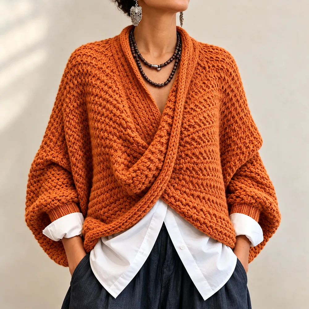 Women's Cable-Knit Twist-Front V-Neck Batwing Sweater material and construction close view