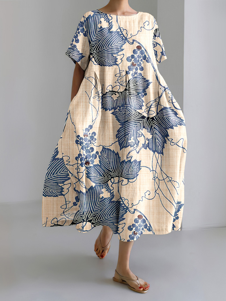 Japanese Art Grapevine Print Short Sleeve Midi Dress