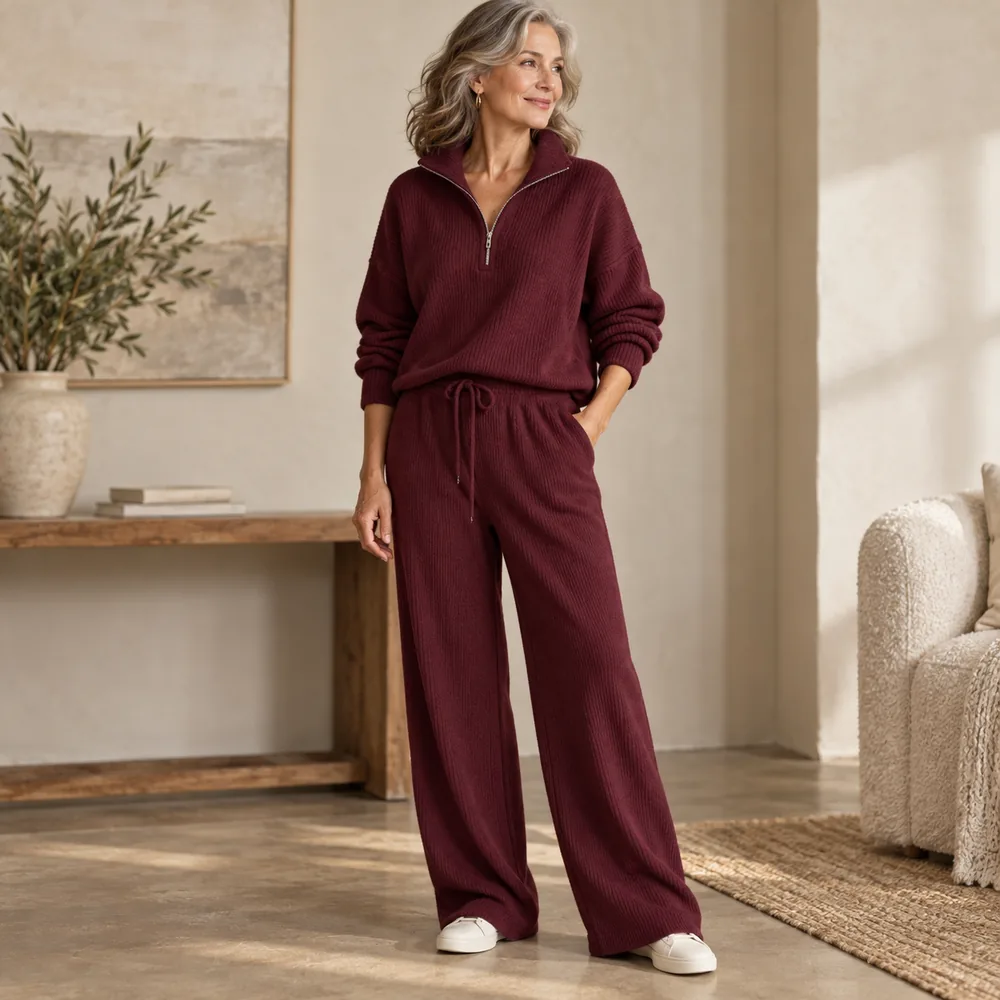 Women's Ribbed Half-Zip Pullover & Wide-Leg Pants Set alternate colour product view