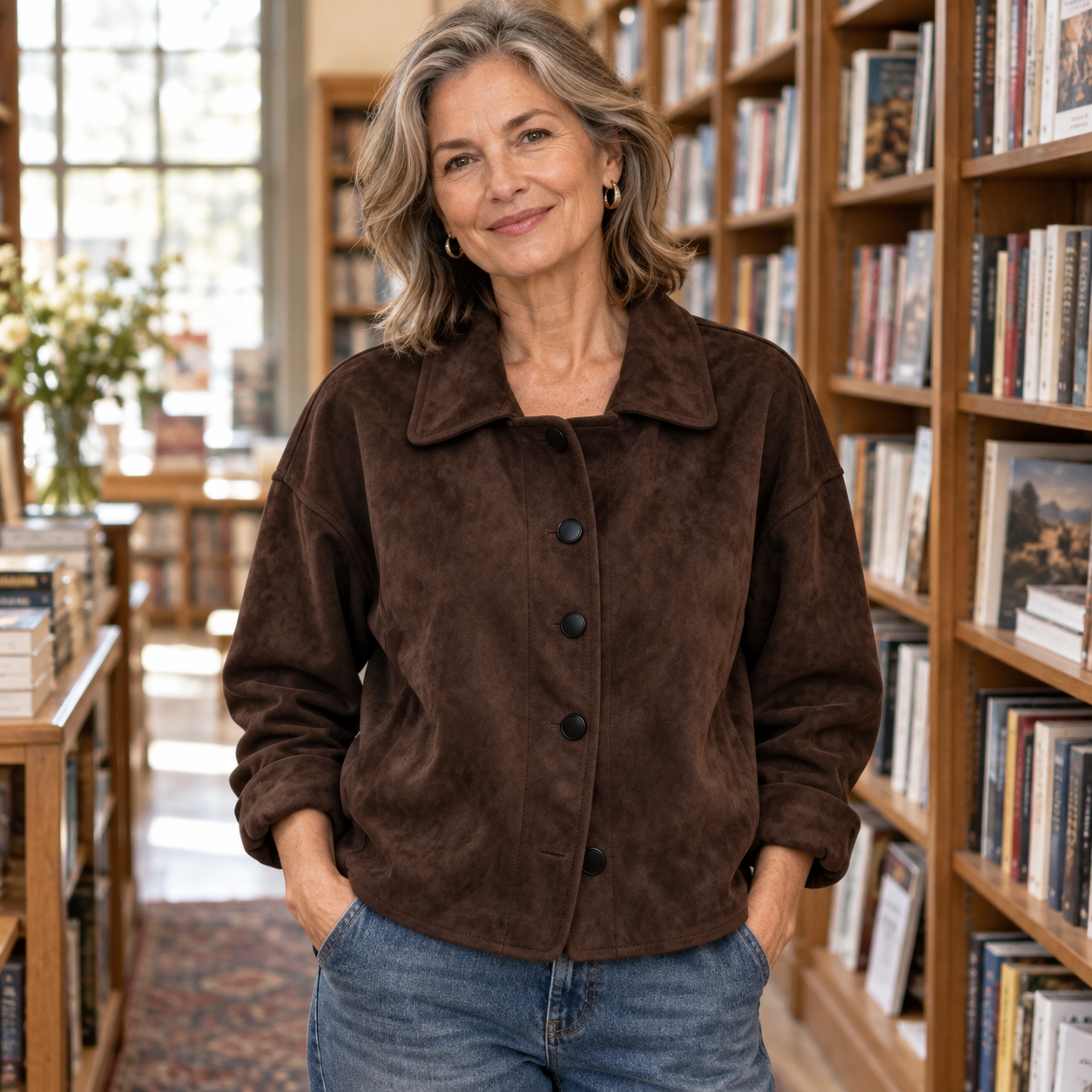 Dark brown suede-look jacket showing the relaxed shoulder and body shape