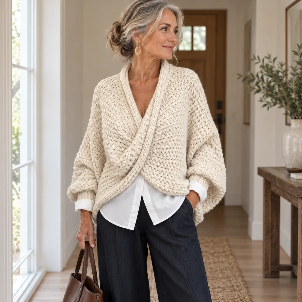 Women's Cable-Knit Twist-Front V-Neck Batwing Sweater alternate colour product view