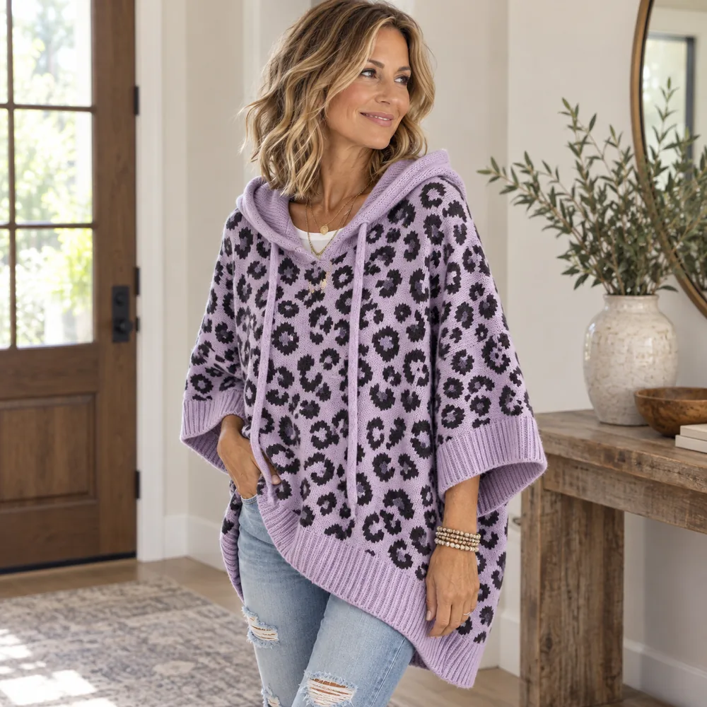 Women's Oversized Leopard-Print Hooded Knit Pullover alternate colour product view