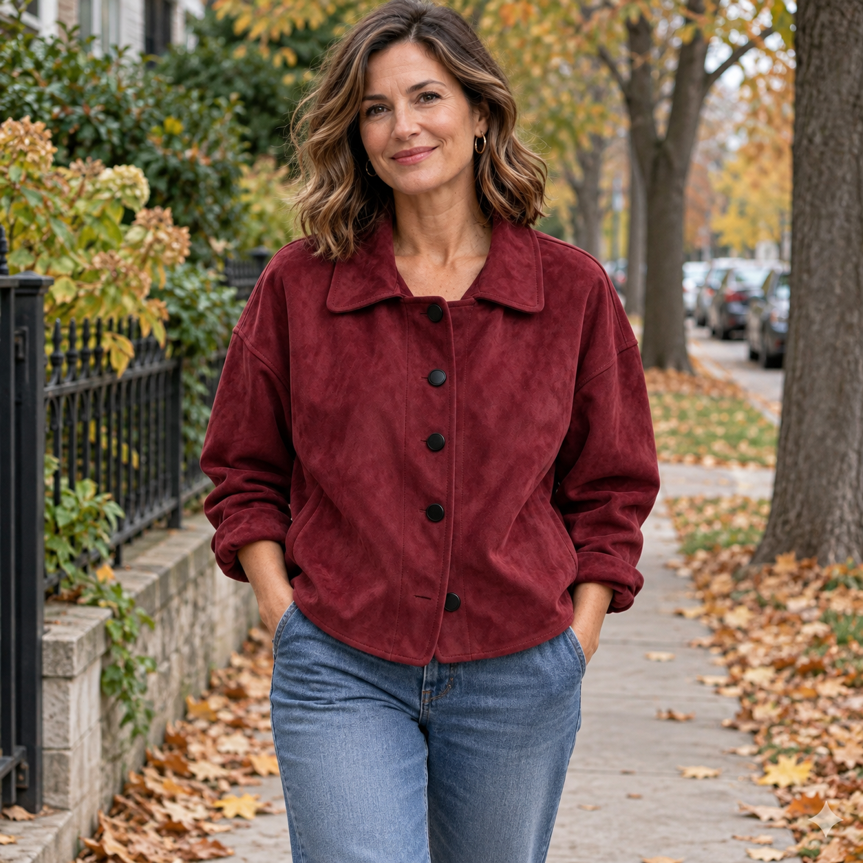 Burgundy suede-look lapel button jacket front view