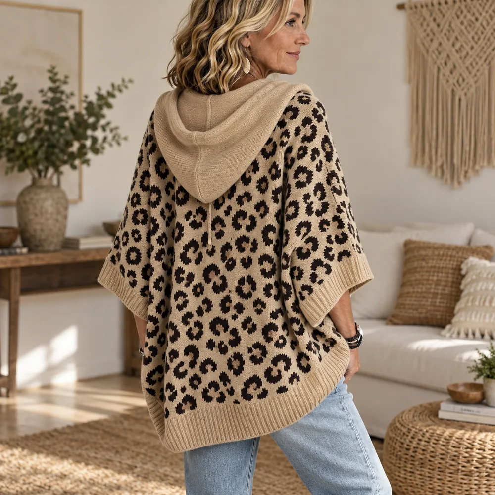 Women's Oversized Leopard-Print Hooded Knit Pullover colour and fit view