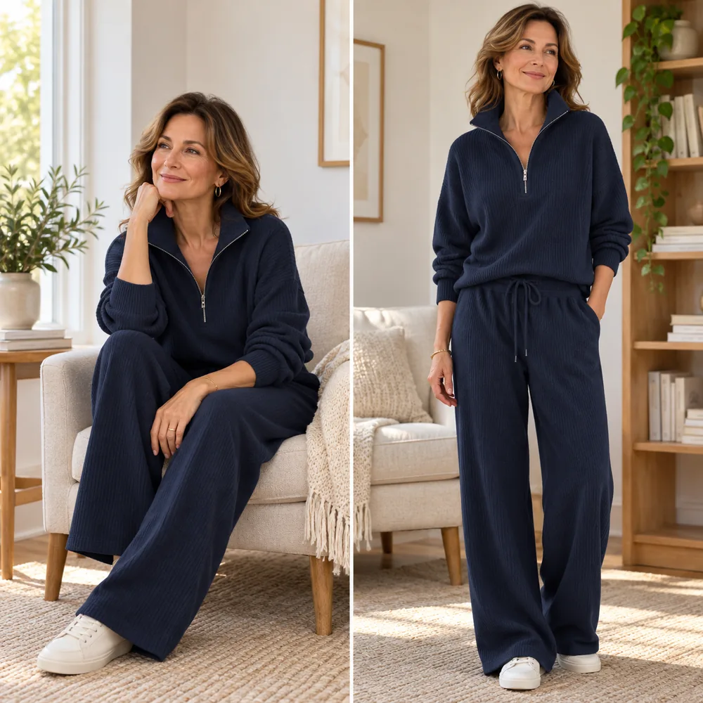 Women's Ribbed Half-Zip Pullover & Wide-Leg Pants Set colour and fit view