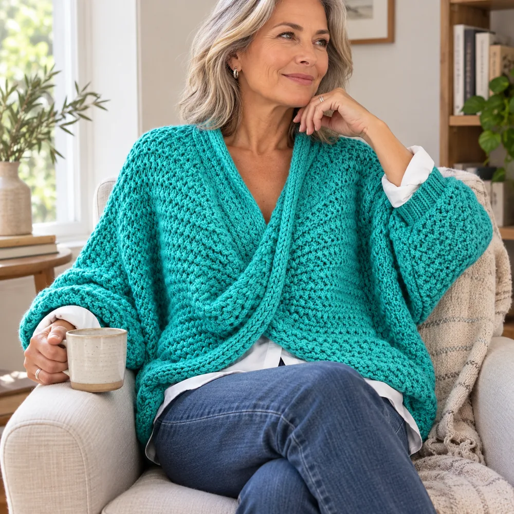 Women's Cable-Knit Twist-Front V-Neck Batwing Sweater colour and fit view