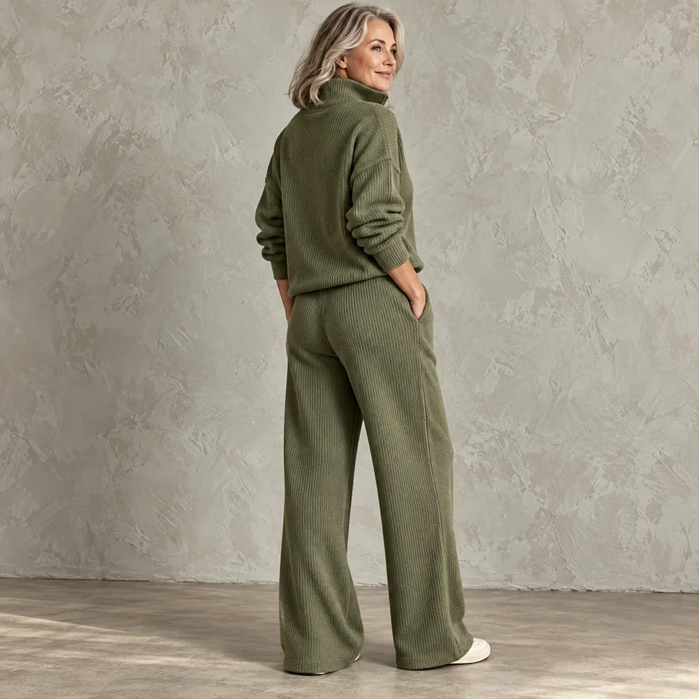 Women's Ribbed Half-Zip Pullover & Wide-Leg Pants Set additional colour and silhouette view