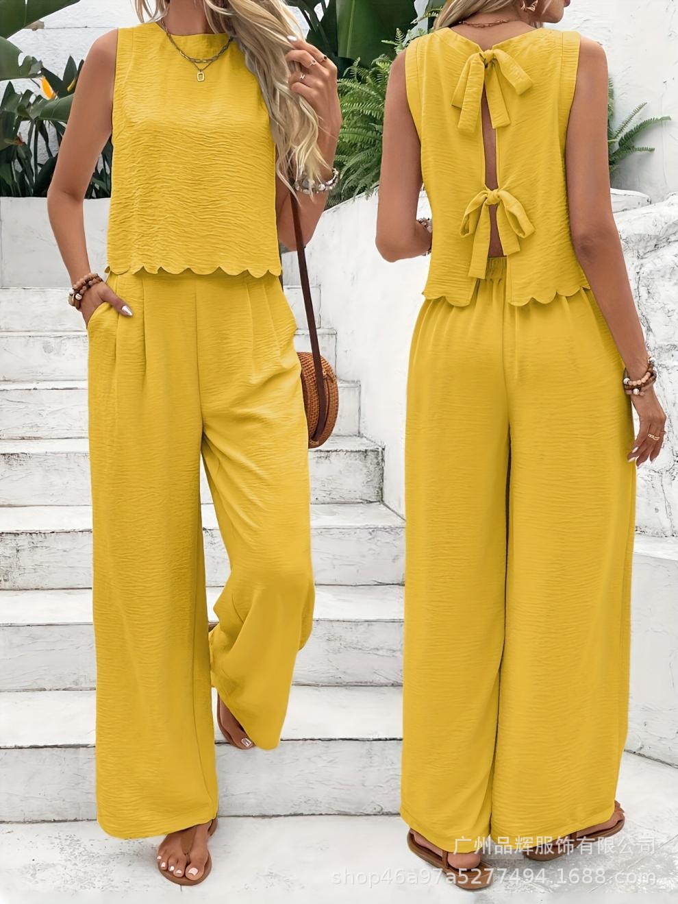 Women's Scallop Hem Two-Piece Set | Sleeveless Back Tie Top & Wide Leg Pants Casual Outfit