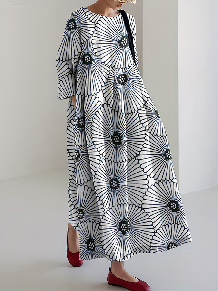Japanese Art Print Loose Casual Midi Dress