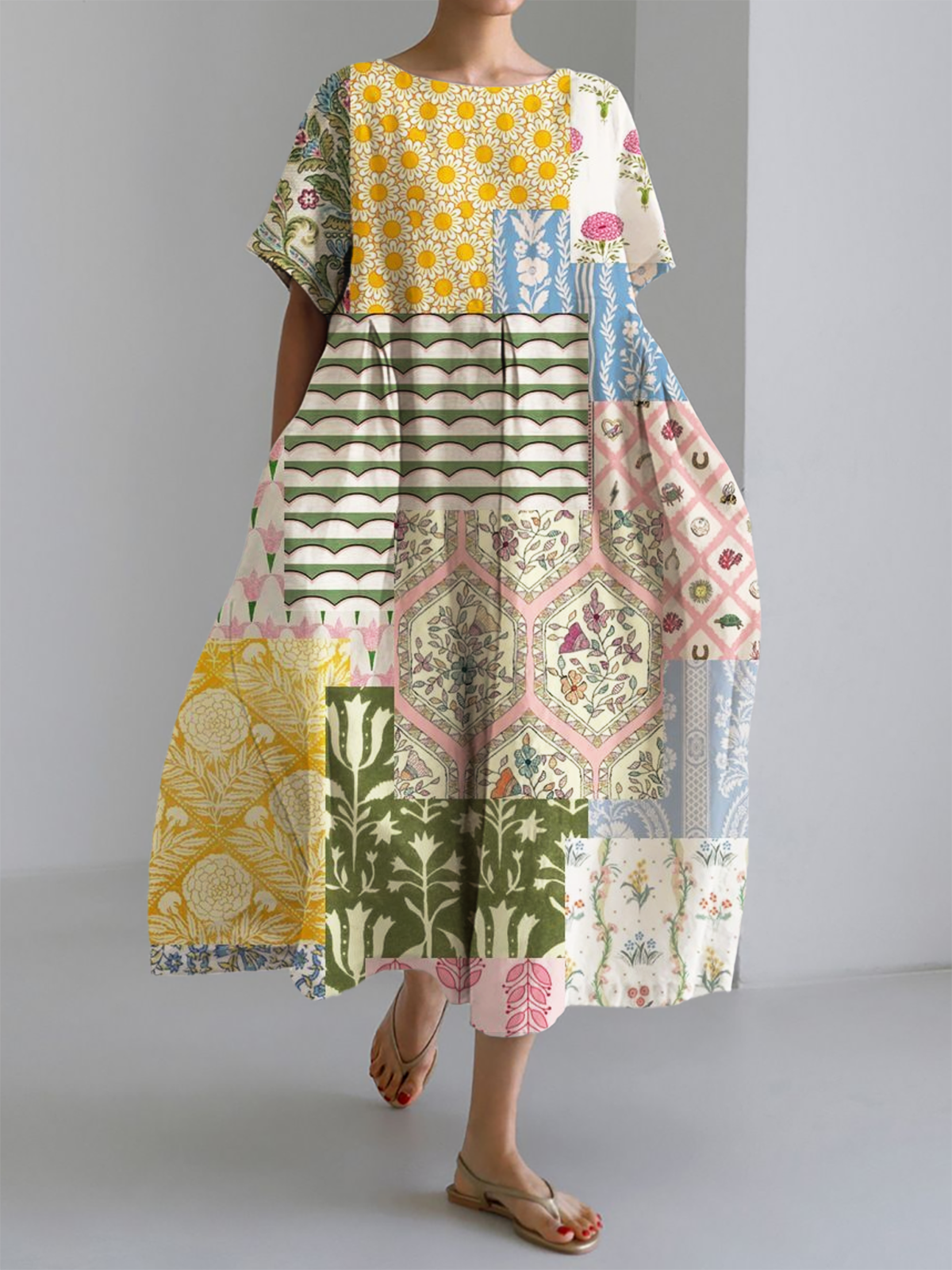 Women's retro botanical patchwork printed long hem dress