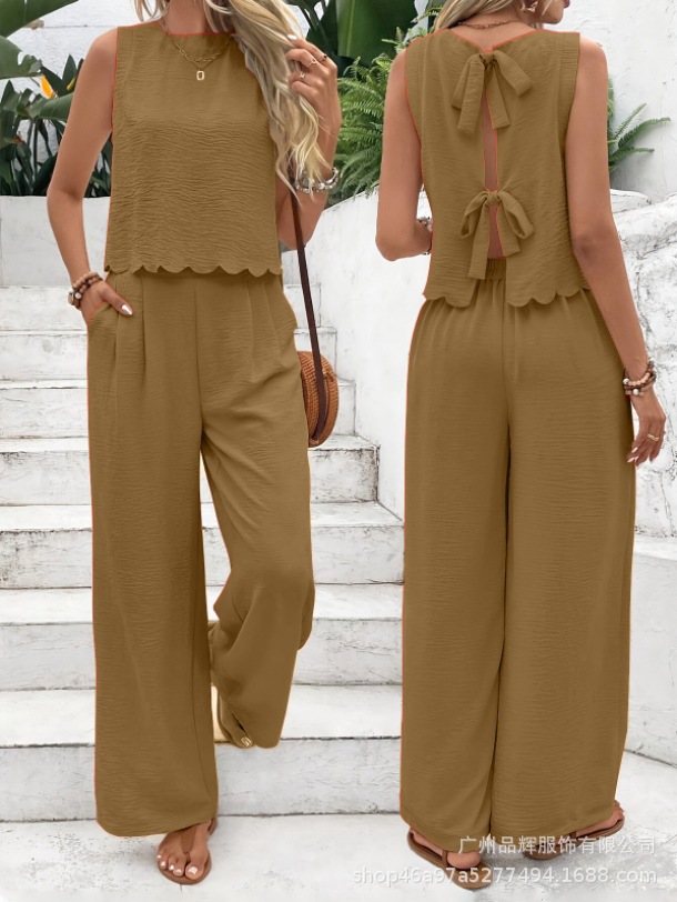 Women's Scallop Hem Two-Piece Set | Sleeveless Back Tie Top & Wide Leg Pants Casual Outfit