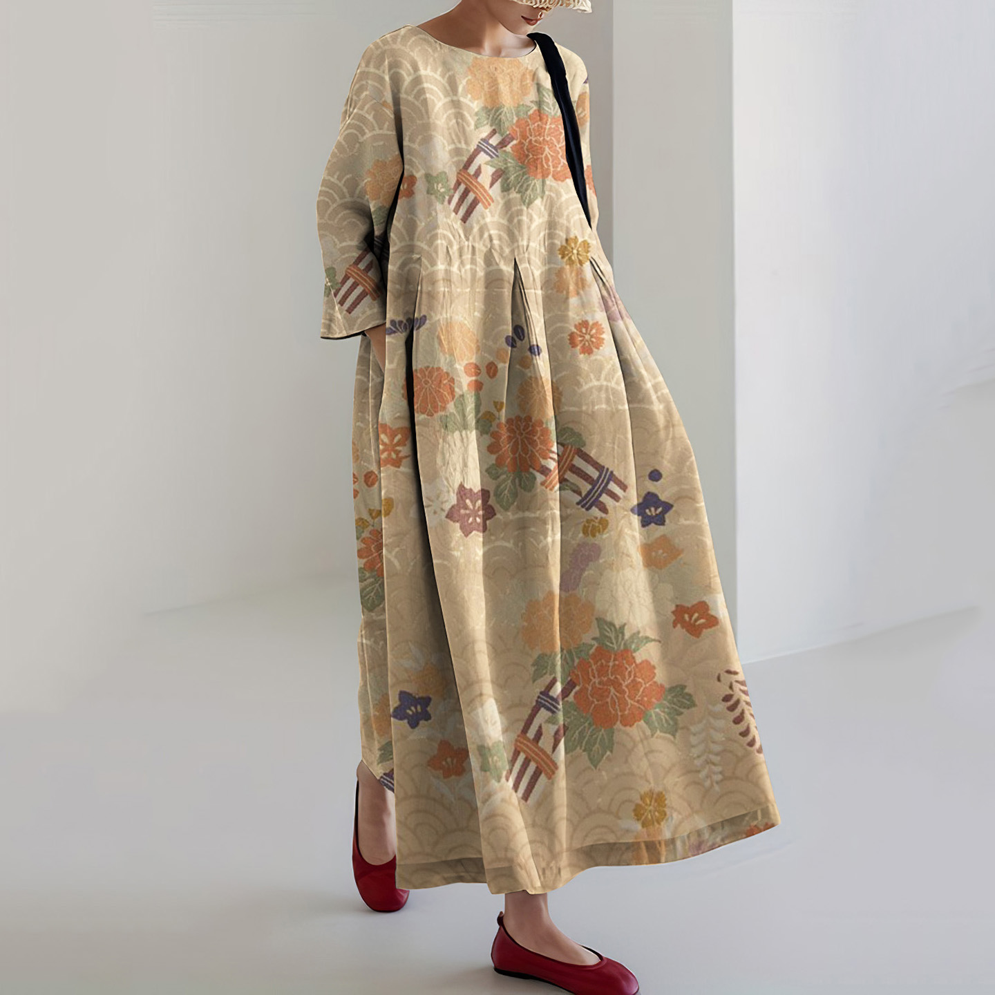 Vintage Japanese Art Flower Print Midi Dress