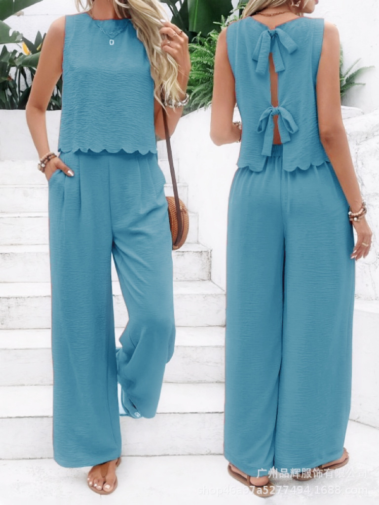 Women's Scallop Hem Two-Piece Set | Sleeveless Back Tie Top & Wide Leg Pants Casual Outfit