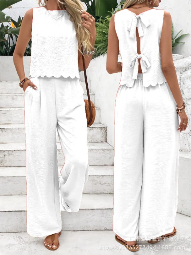 Women's Scallop Hem Two-Piece Set | Sleeveless Back Tie Top & Wide Leg Pants Casual Outfit