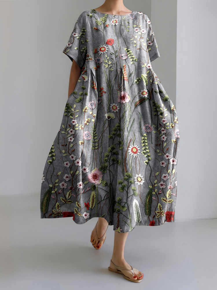 Women's Vintage Floral Embroidery Design Printed Dress